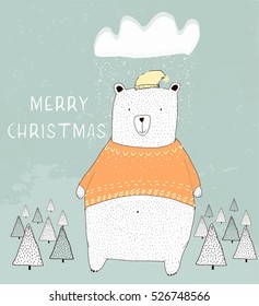 Vector holiday illustration of a cute polar bear with gift box saying "Merry Christmas and happy New Year". Christmas background with smiling cartoon character. Winter greeting card.