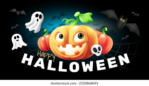 Ilustración de vacaciones de Vector de personaje lindo de calabaza con cara de miedo brillante con fantasma y murciélago. Diseño realista de estilo 3D de halloween naranja sonrisa calabaza monstruo con feliz halloween para el fondo