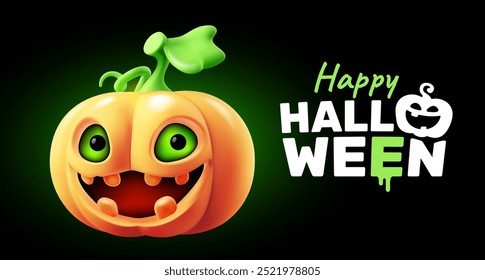 Vector holiday illustration of cute pumpkin character with glow scary face on black background. 3d style realistic design of halloween smile carved orange pumpkin monster with happy halloween word