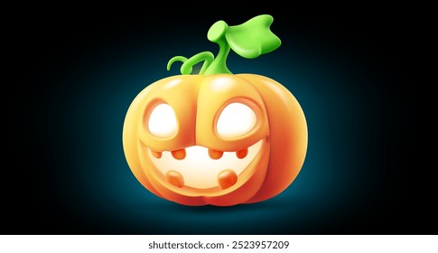 Vector holiday illustration of cute pumpkin character with glow scary face on dark color background. 3d style realistic design of halloween curved smile orange pumpkin monster for web banner, poster