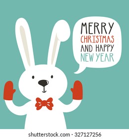 Vector holiday illustration of a cute rabbit in the mittens saying "Merry Christmas and happy New Year". Christmas background with smiling cartoon character. Winter greeting card.
