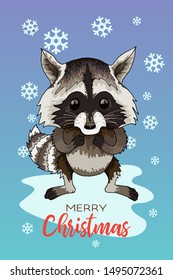 Vector holiday illustration of a cute raccoon. Merry Christmas and happy New Year. Christmas background with cartoon character. Winter greeting card