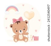 Vector holiday illustration with cute teddy bear with balloon, gift box, rainbow and hearts in the background. Children's theme, birthday, children's wallpaper. Postcard, banner.