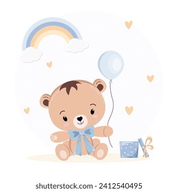 Vector holiday illustration with cute teddy bear with balloon, gift box, rainbow and hearts in the background. Children's theme, birthday, children's wallpaper. Postcard, banner.