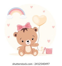 Vector holiday illustration with cute teddy bear with balloon, gift box, rainbow and hearts in the background. Children's theme, birthday, children's wallpaper. Postcard, banner.