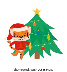 Vector holiday illustration - cute tiger decorating christmas tree, isolated on white background