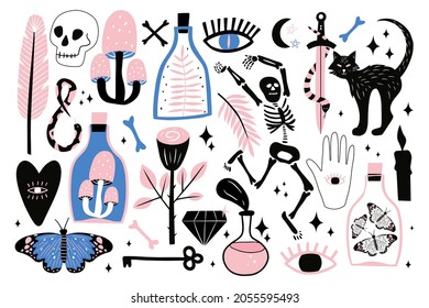 Vector holiday illustration for Day of the dead or Halloween. Witchcraft, magic vector elements. Vector illustration.