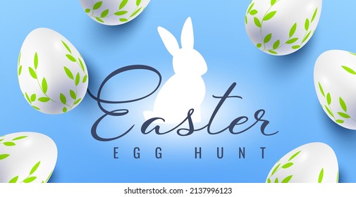 Vector holiday illustration with easter bunnny and painted eggs. Happy easter template design with decorative egg for greeting card, banner on blue color background with text