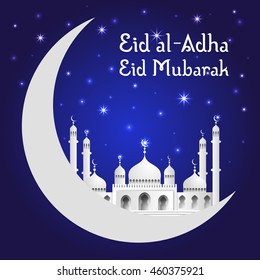 Vector holiday illustration of Eid al Adha. Lettering composition of muslim holy month with mosque building, moon, sparkles and stars.