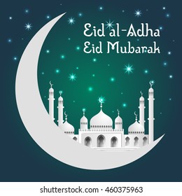 Vector holiday illustration of Eid al Adha. Lettering composition of muslim holy month with mosque building, moon, sparkles and stars.