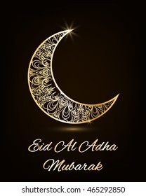 Vector holiday illustration of Eid Al Adha Mubarak concept with beautiful gold floral design decorated crescent moon