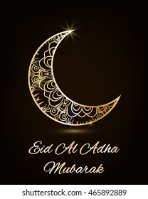 Vector holiday illustration of Eid Al Adha Mubarak concept with beautiful gold floral design decorated crescent moon