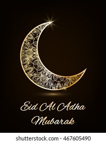 Vector holiday illustration of Eid Al Adha Mubarak concept with beautiful gold floral design decorated crescent moon