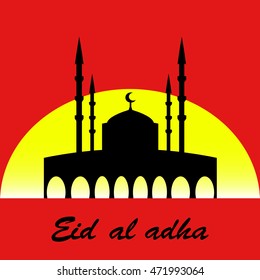 vector holiday illustration Eid Al Adha lettering composition of muslim holy month with mosque building, sparkles and glitters