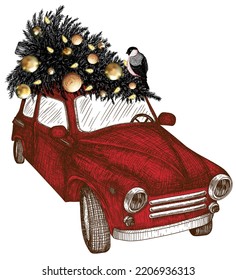 Vector holiday illustration in engraving style. Linear graphic car carrying a Christmas tree