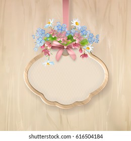 Vector holiday illustration of floral signboard with a variety of wildflowers, holiday wooden frame