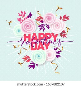 Vector holiday illustration of flowers and lettering. Happy Valentines Day. Festive romantic decoration.