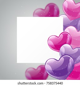 Vector holiday illustration of flying balloon hearts, paper banner for text. Valentines Day, wedding invitation, Mother's day festive decoration