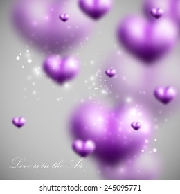 vector holiday illustration of flying blurred violet hearts. Valentines Day or wedding background