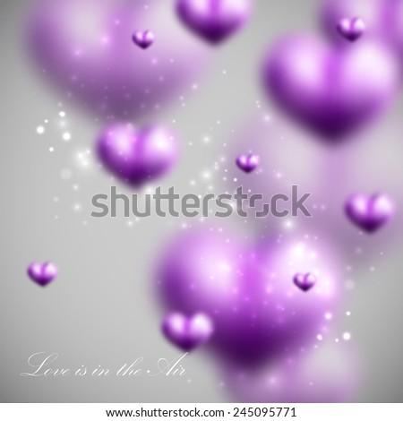 vector holiday illustration of flying blurred violet hearts. Valentines Day or wedding background