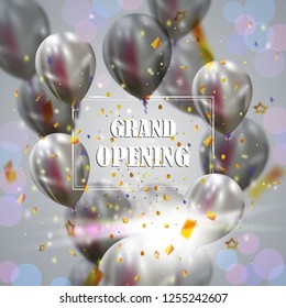  Vector holiday illustration of flying bunch of silver balloons, abstract frame, flashes of light  and confetti particles. Grand Opening Invitation with  flying Balloons. Group of silver balloons 