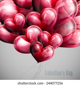 vector holiday illustration of flying bunch of red balloon hearts. Happy Valentines Day