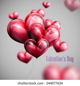 vector holiday illustration of flying bunch of red balloon hearts. Happy Valentines Day