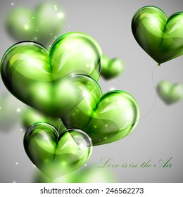 vector holiday illustration of flying bunch of green balloon hearts. Valentines Day or wedding background. Love is in the Air
