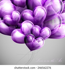 vector holiday illustration of flying bunch of violet balloon hearts. Valentines Day or wedding background. Love is in the Air