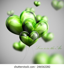 vector holiday illustration of flying bunch of green balloon hearts. Valentines Day or wedding background. Love is in the Air