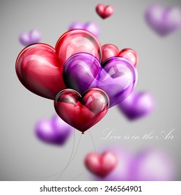 vector holiday illustration of flying bunch of multicolored balloon hearts. Valentines Day or wedding background. Love is in the Air