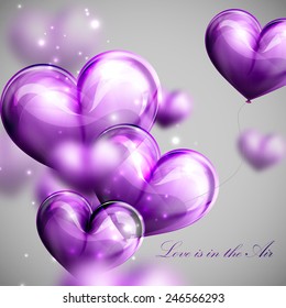 vector holiday illustration of flying bunch of violet balloon hearts. Valentines Day or wedding background. Love is in the Air