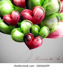 vector holiday illustration of flying bunch of multicolored balloon hearts. Valentines Day or wedding background. Love is in the Air