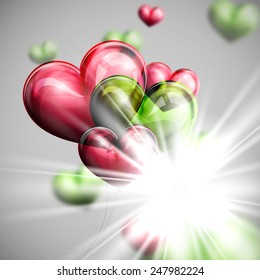 vector holiday illustration of flying bunch of multicolored balloon hearts with shiny burst, explosion or flash. Valentines Day or wedding background. 