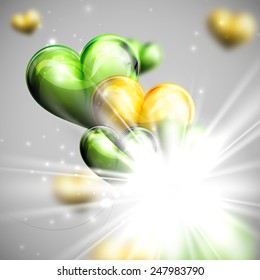 vector holiday illustration of flying bunch of multicolored balloon hearts with shiny burst, explosion or flash. Valentines Day or wedding festive background with sparkles. 