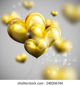 vector holiday illustration of flying bunch of festive balloon hearts and sparkles. Valentines Day or wedding background. 