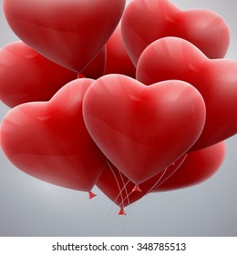 vector holiday illustration of flying bunch of red balloon hearts. Happy Valentines Day