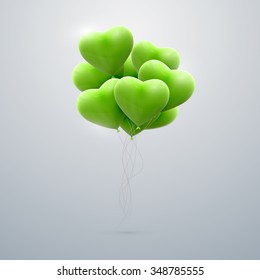 vector holiday illustration of flying bunch of green balloon hearts. Happy Valentines Day