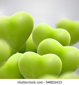 Vector Holiday Illustration Of Flying Bunch Of Green Balloon Hearts. Happy Valentines Day 3d