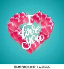 Vector holiday illustration of flying bunch of pink balloon heart shape. Happy Valentines Day