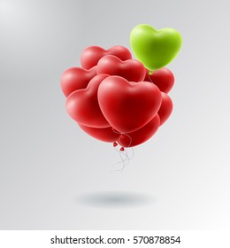 vector holiday illustration of flying bunch of red balloon hearts. Happy Valentines Day
