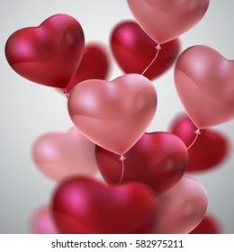 Vector holiday illustration of flying bunch of red and pink balloon hearts. Happy Valentines Day. Festive romantic wedding decoration. Honeymoon concept