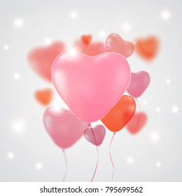 Vector holiday illustration of flying bunch of red balloon hearts. Bokeh effect. Happy Valentines Day