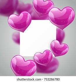 Vector holiday illustration of flying purple balloon hearts, paper banner for text. Valentines Day, wedding invitation, Mother's day festive decoration
