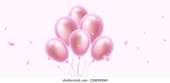 Vector holiday illustration of flying realistic pink color bunch of air balloon. Beautiful happy birthday template design with balloon on light background with confetti for greeting card, party poster