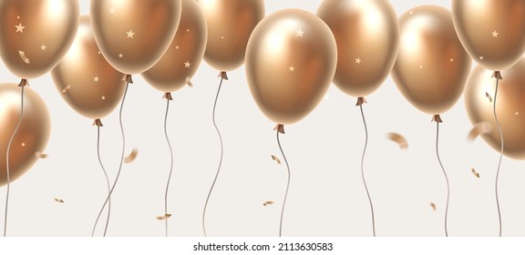 Vector holiday illustration of flying realistic golden color air balloon on light background with confetti. Beautiful happy birthday template design with balloon for greeting card, poster, banner 