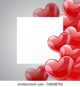 Vector holiday illustration of flying red balloon hearts, paper banner for text. Valentines Day, wedding invitation, Mother's day festive decoration