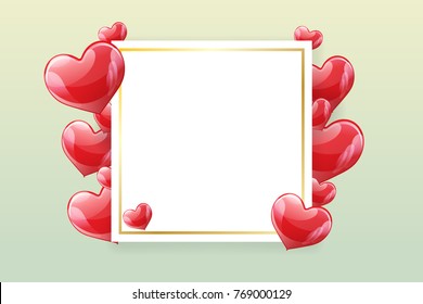 Vector holiday illustration of flying red balloon hearts, paper banner for text. Valentines Day, wedding invitation, Mother's day festive decoration