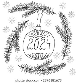 Vector holiday illustration in the form of a ball and a Christmas tree drawn in doodle style on a white background