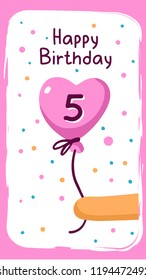 Vector holiday illustration in frame with cat paw holding pink heart shape air balloon on white background with confetti and text happy birthday. Hand drawn flat style design for web, greeting card